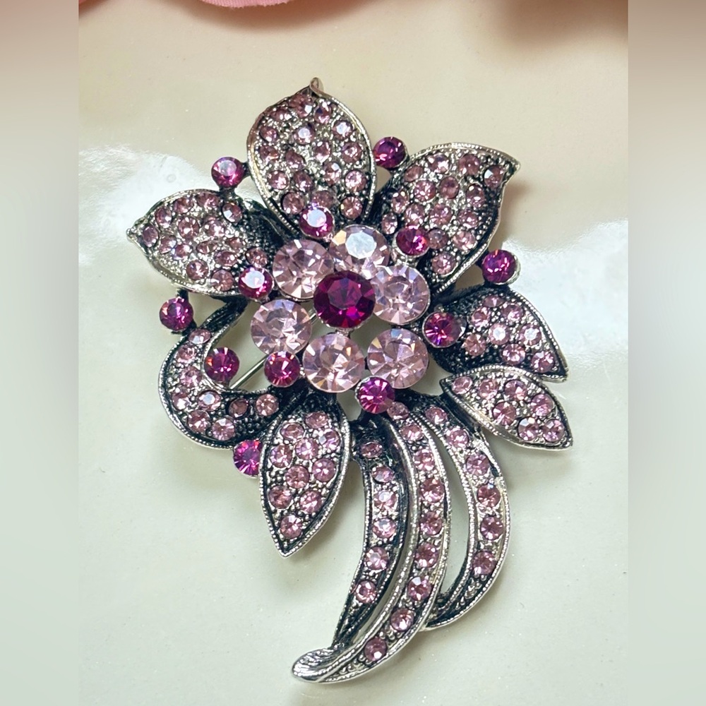 Elegant Pink, Purple and Silver Floral Brooch